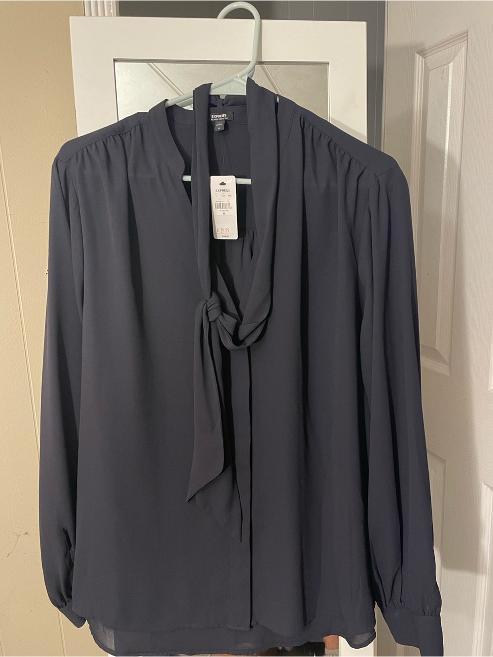 Express Navy Tie-Neck Blouse with Long Sleeves